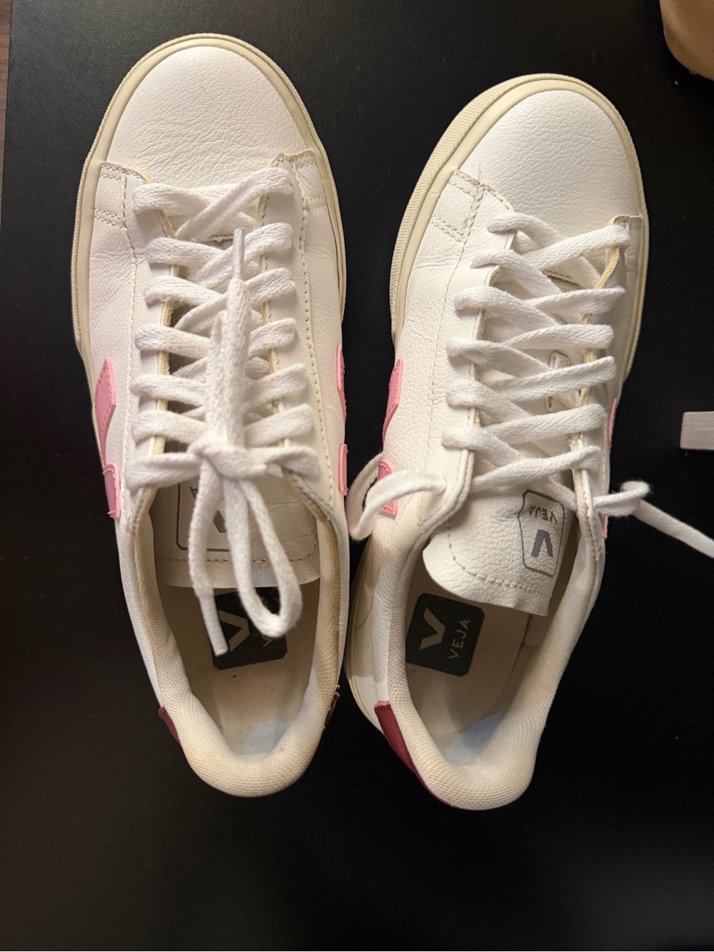 Veja White Leather Sneakers with Pink V and Burgundy Heel - Picture 6 of 7
